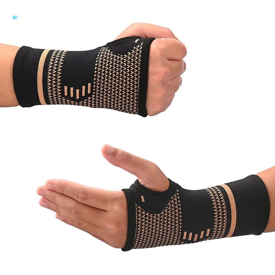 2 pezzi di rame professionale braccialetto sportivo compressione protezione del polso artrite Brace Sleeve Support guanto elastico per le mani del palmo