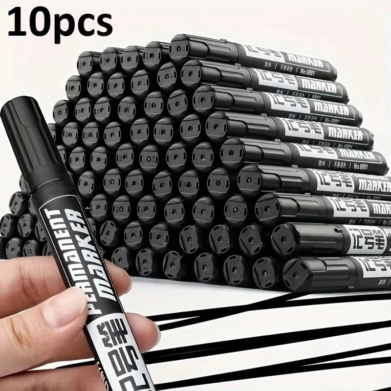 10pcs Permanent Marker Set, Black Oil-Based Waterproof Pens, High-Capacity Ink for Office Supplies & Multi-Surface,Fineliner Pen