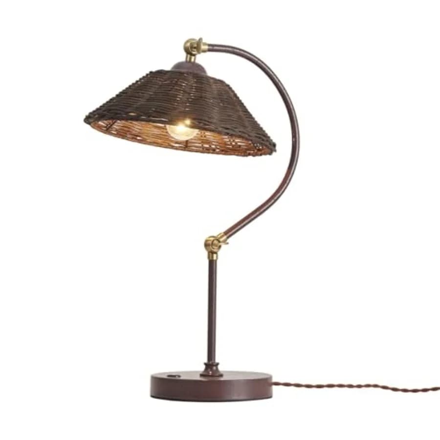 Lampada da Tavolo in Rattan Intrecciato, Paralume Boho Fatto a Mano, Base in Ferro Antiruggine, Lampada da Scrivania Vintage Marrone Scuro, Plug and Play