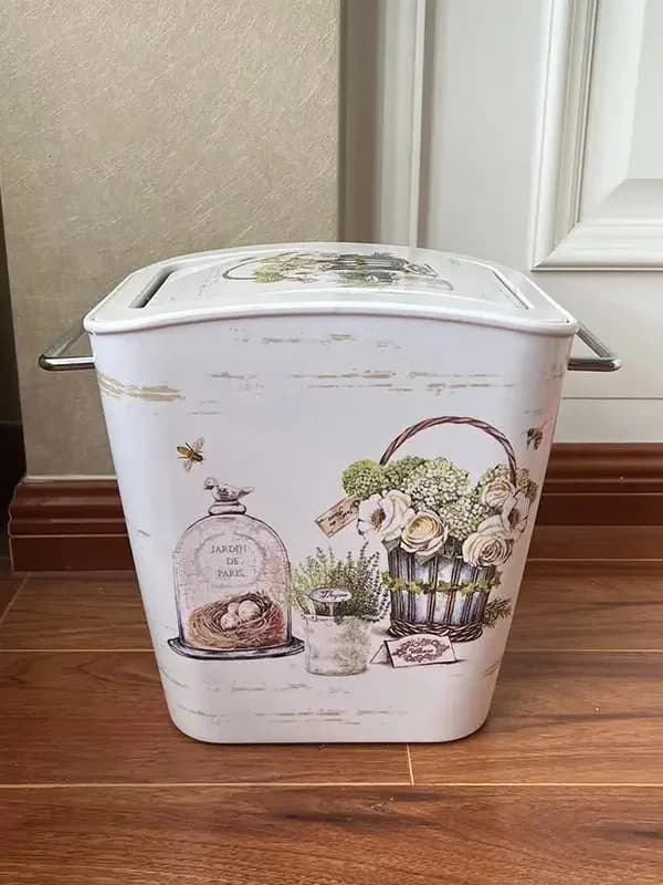 Imitation porcelain swing-top trash can - Nordic style with lid, living room and bedroom toilet paper holder