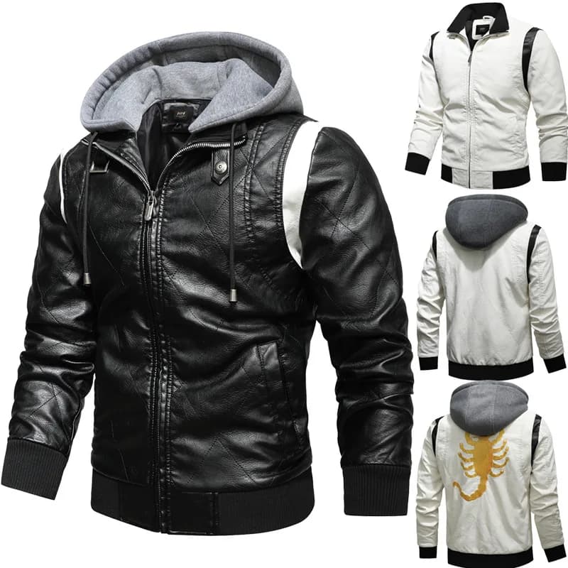 Men's PU Leather Jacket Large Size Knitted Hoodie Stand Collar Korean Style New Model Youth Vitality Autumn Season Short Coat