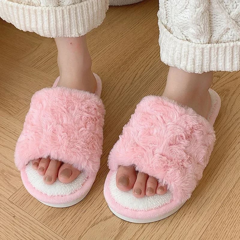 Pantofole da donna invernali in pelliccia rosa per la casa Suola morbida Peluche soffici scarpe da interno calde e piatte Donna Comfort Infradito da camera antiscivolo