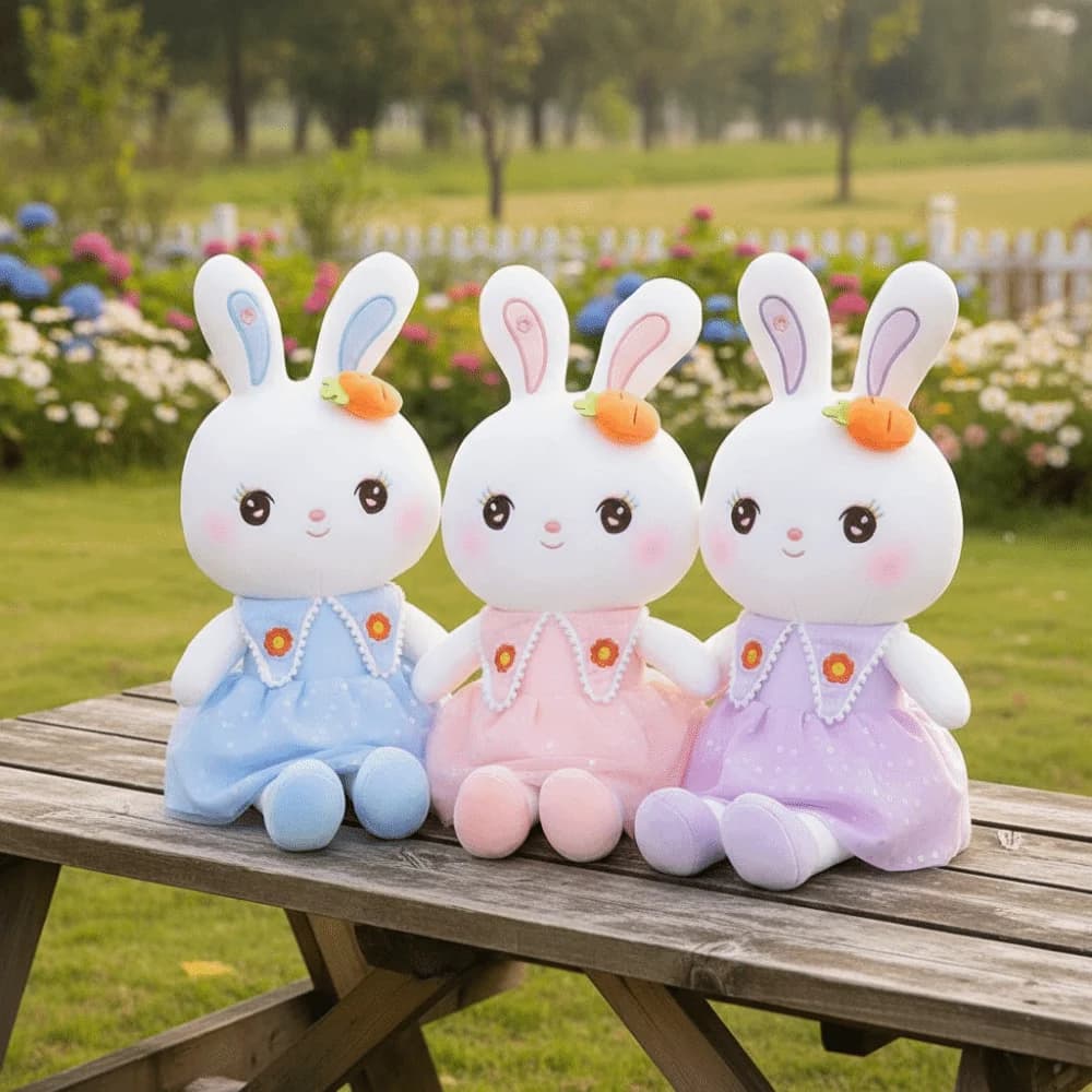 Peluche di Coniglio in Materiale Morbido, Giocattolo in Peluche Corto con Gonna a Fiori, Animale Imbottito in Cotone PP, Bambola di Coniglio a Forma di Carota, Regalo per Bambini