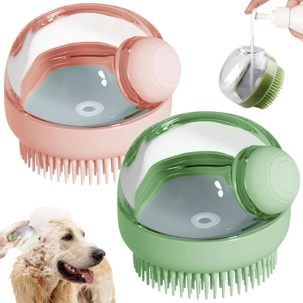Spazzola per il bagno del cane, 2 pezzi Spazzola da bagno per shampoo per massaggio per toelettatura del cane da compagnia con dispenser di sapone e shampoo Setole morbide in silicone
