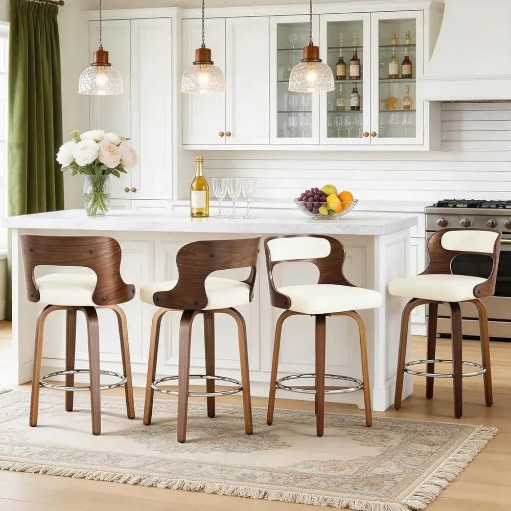 Set di 4 Sgabelli da Bar Bianchi Altezza 26 Pollici in Pelle PU Girevoli con Schienale e Poggiapiedi per Cucina, Bar, Ristorante