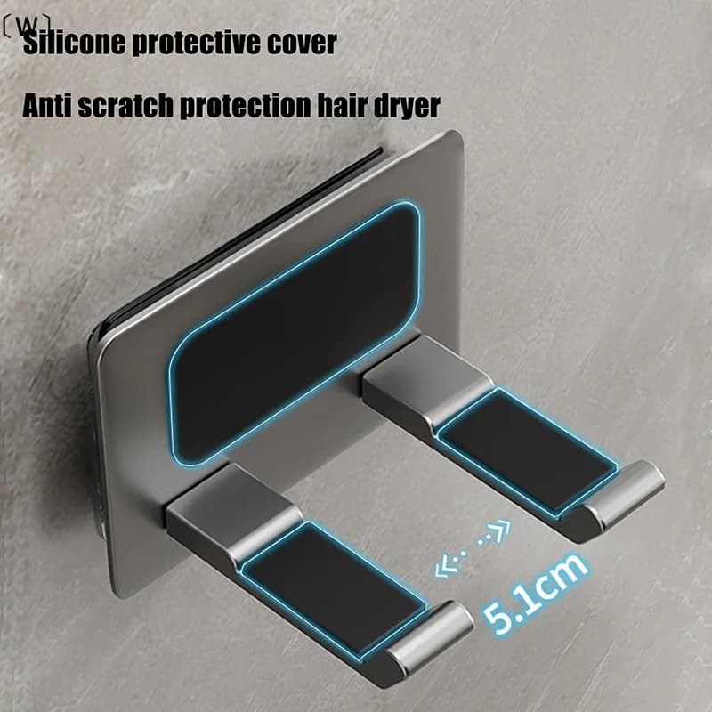 〔W〕Aluminum Hair Dryer Holder Wall Mounted Self Adhesive No Drill Hairdryer Rack For Punch Free Bathroom Dryer Storage Organizer