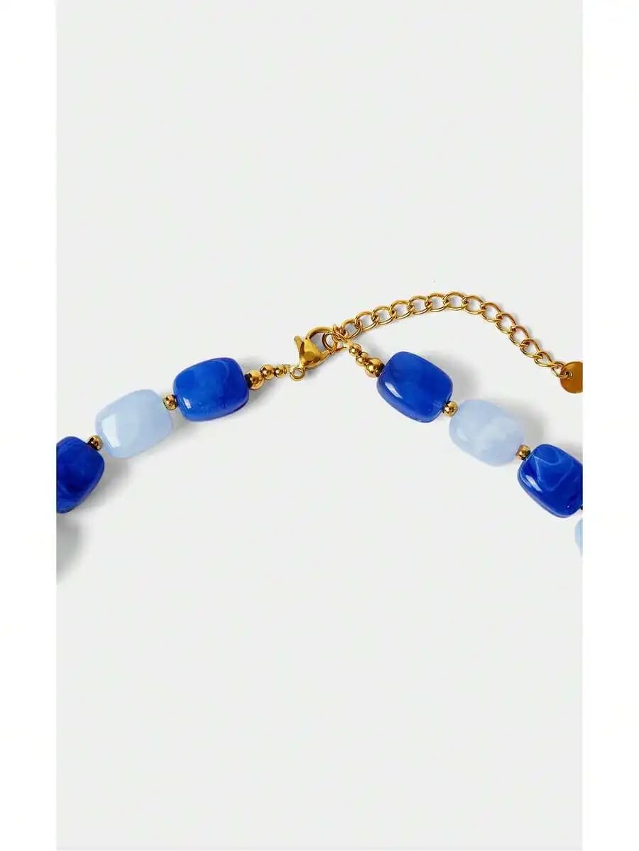 Blue And Light Blue Beaded Necklace With Gold Tone Chain Bohemian Style