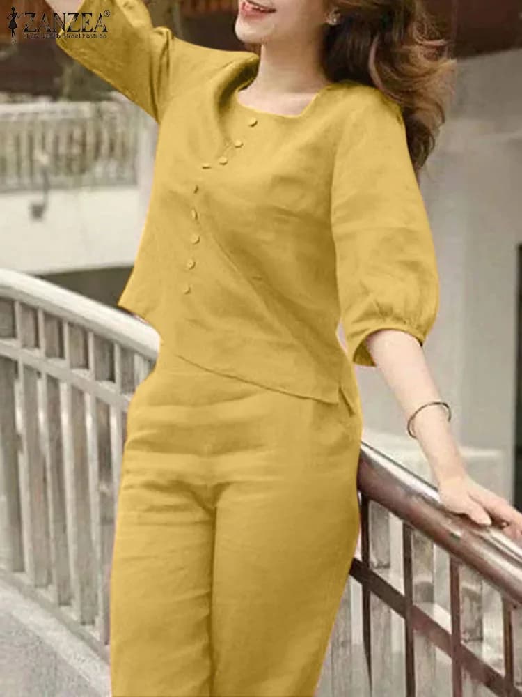ZANZEA Elegant Summer Short Puff Sleeve Blouse Pant Sets Women Solid Matching Sets 2PCS Solid Work Trousers Suits Tracksuit 2025