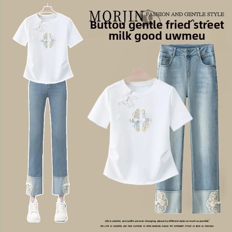 Set Moda Donna Estivo Nuovo Stile Cinese: T-Shirt Ricamata a Maniche Corte a Vita Alta e Jeans a Nove Punti