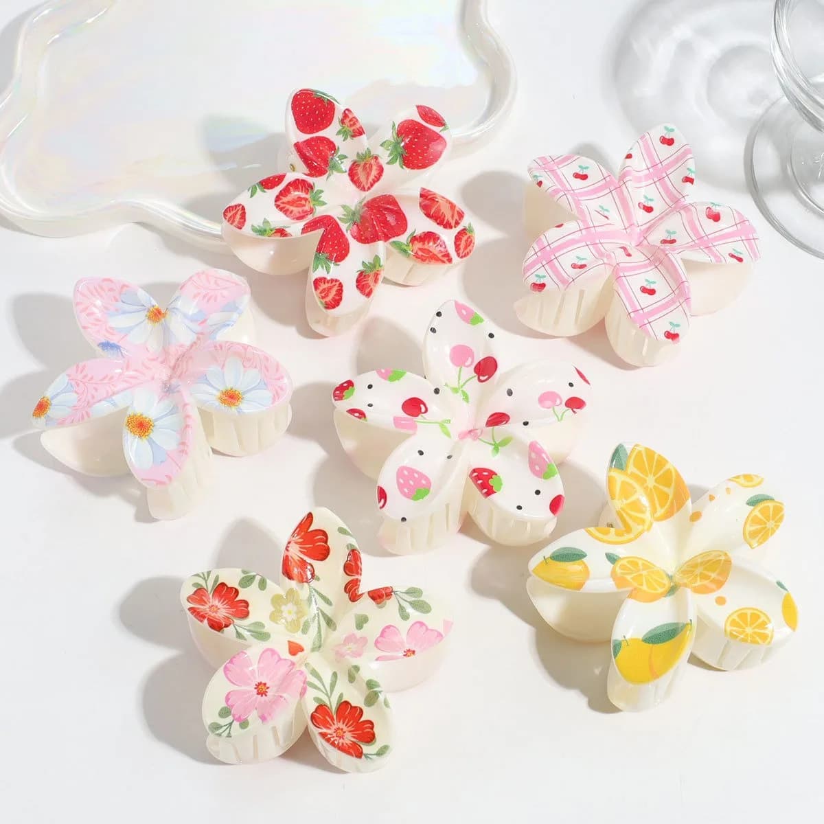 3 pezzi di moda carina colorata frutta fiore stampa uovo fiore donne clip di plastica piccolo accessorio per capelli coda di cavallo giocosa fresca