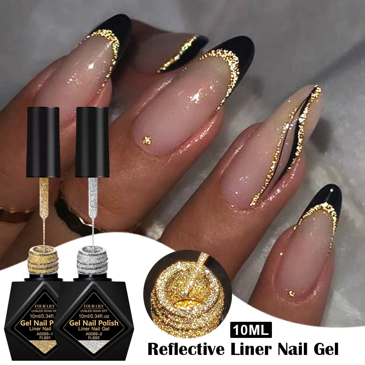 Gel per Unghie Riflettente Oro e Argento 10ml, Gel per Linee e Strisce, Pittura Graffiti, French Manicure, Accessori per Unghie Fai-da-Te