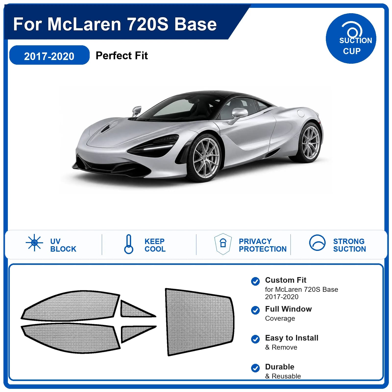 For McLaren 720S Base 2017-2020 Custom Full Set Windshield Sun Shade Aluminum Foil Heat Insulation Anti UV Foldable