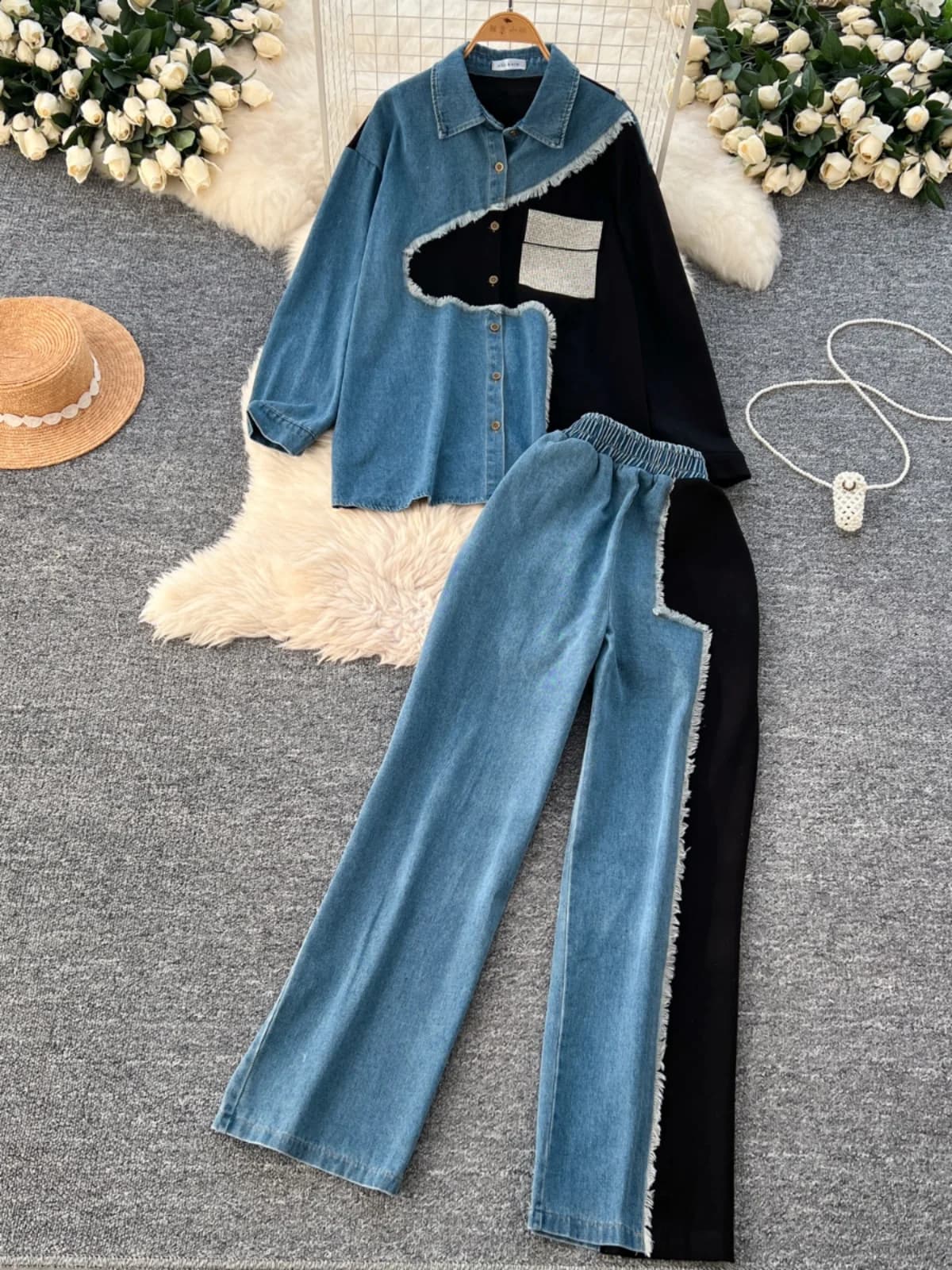 Retro Hong Kong Style Casual Set Women's High Waist Loose Wide Leg Jeans Two-Piece Suit Korean Version Color Block Denim Shirt