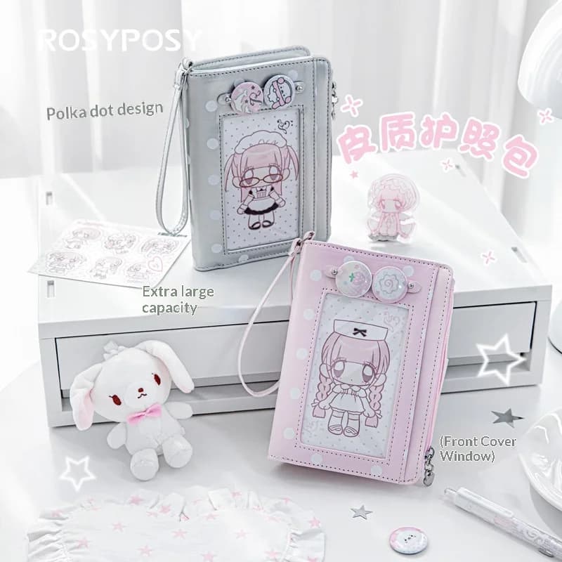 Rosyposy Polka Dot Leather Passport Bag Portable Travel Document Organizer Large Capacity Card Holder Coin Purse Wristlet Bag