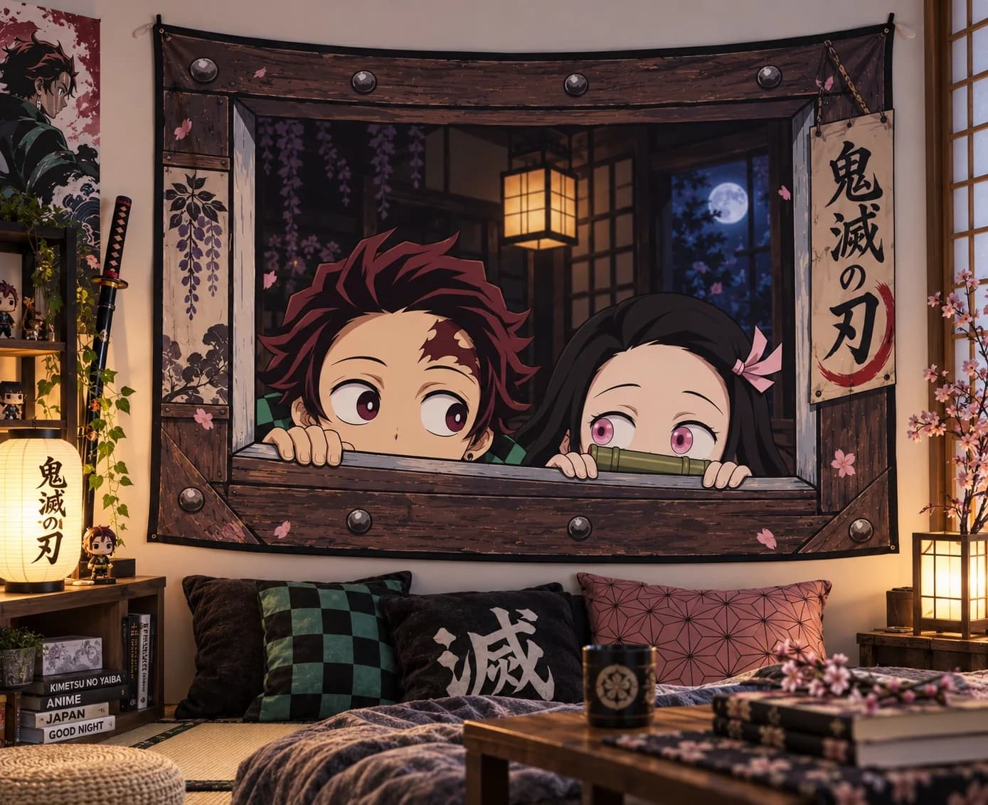 Demon Slayer Tanjiro Nezuko Anime Tapestry Japanese Cartoon Wall Hanging Bedroom Decor Poster Home Room Gift for Anime Fans