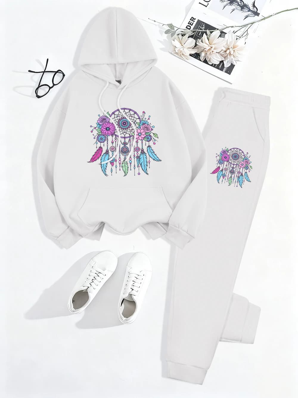 2Pcs Hoodies Set Womens Dreamcatcher Floral Feathers Prints Sweatpantswinter Loose Fleece Warm Pants Hoody Sporty Pocket Clothes