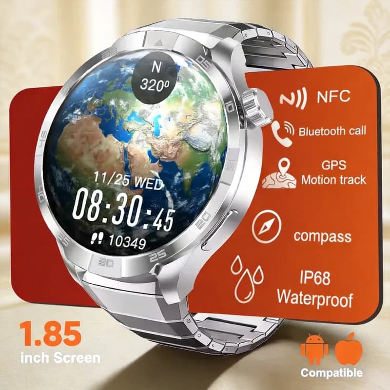 New NFC Smartwatch for men with AMOLED HD 360*360 screen, GPS, heart rate monitoring, Bluetooth calls, for businessman, compatible with Android and iOS.