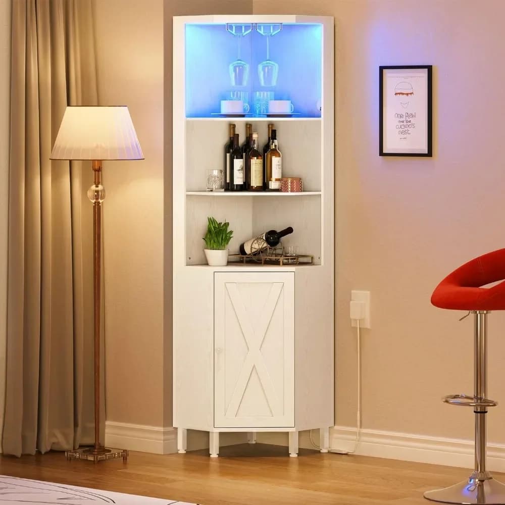 Armadietto da bar ad angolo con luci a LED e supporto per vetro, ripiano a 5 livelli con contenitore, espositori per vino per soggiorno