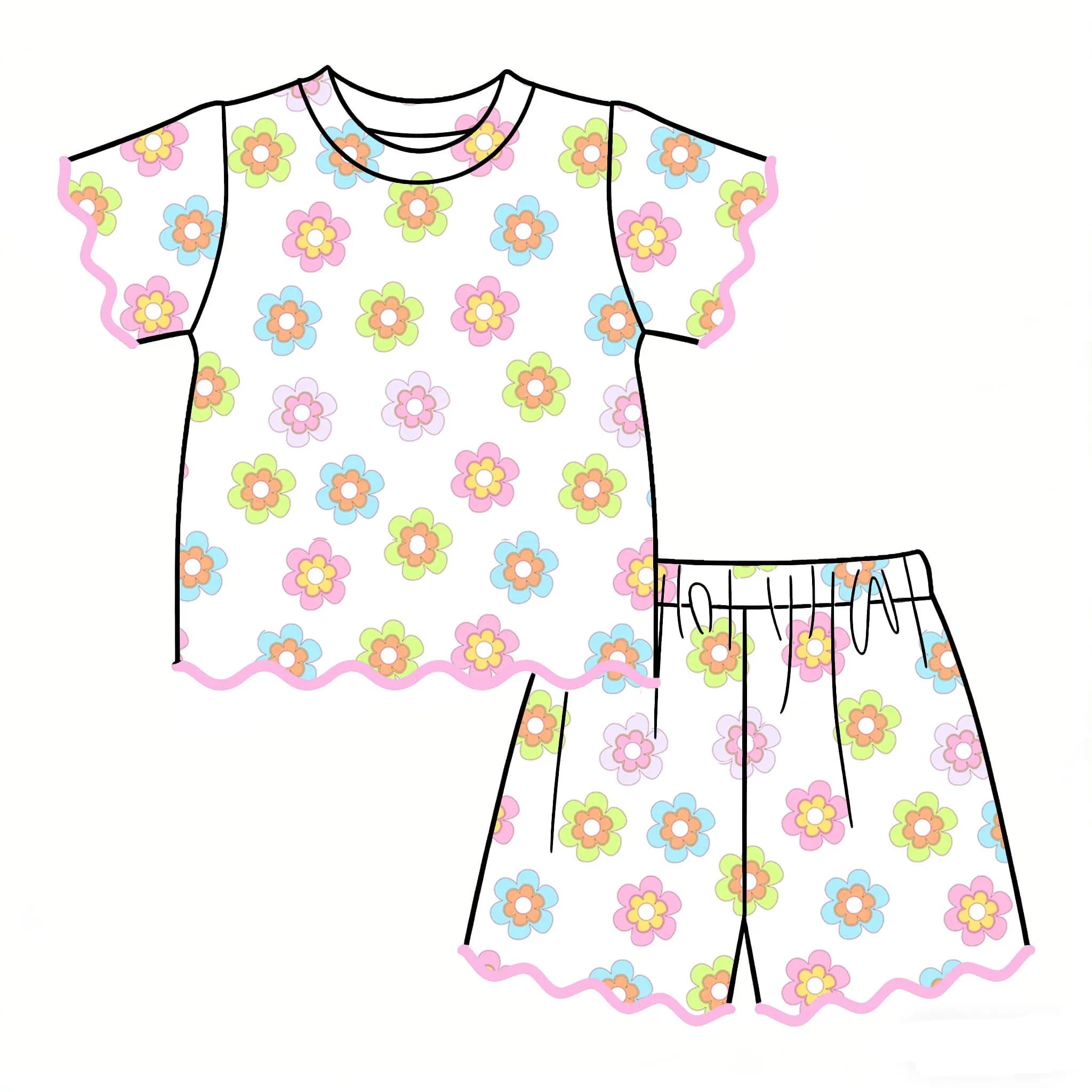 New Summer Floral Print Clothing Girls Lace Cuffs and Hem Fashionable and Boutique Milk Silk Set