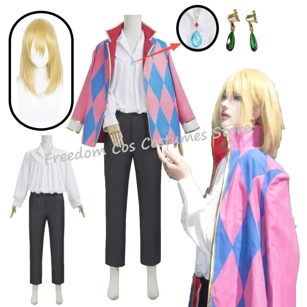Howl Cosplay Costume wig Anime Full Set With Jacket Shirt Pants Necklace Earrings Men Women Halloween Party suit Howl Outfits