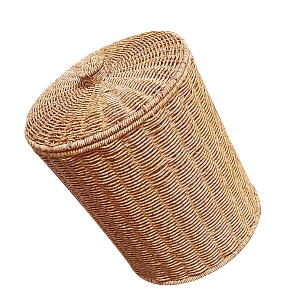 Cestino Vintage in Imitazione Rattan Intrecciato con Coperchio, Elegante Contenitore Rotondo per Rifiuti, per Bagno, Camera da Letto, Ufficio, Arredamento Casa, Bidone per Riciclo con Coperchio