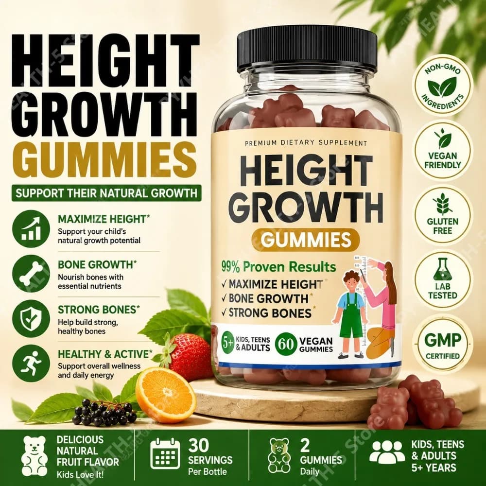Height Growth Increase Vitamin Gummies with Calcium Magnesium Glycinate Zinc Vitamin K2 D3 Supplement for Kids Teens Use 60CT