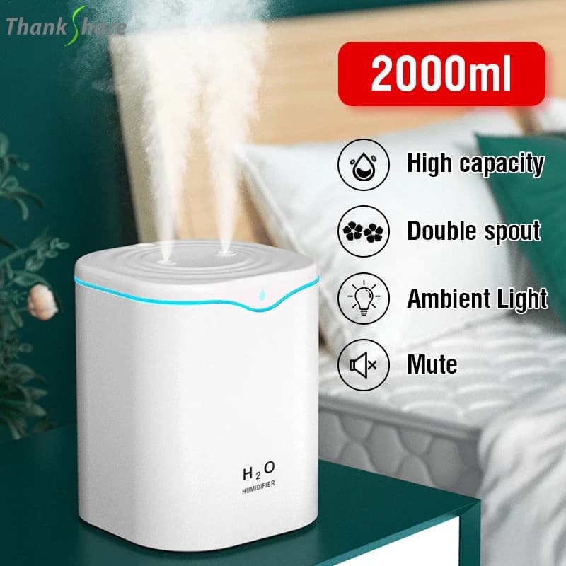 Umidificatore USB Doppia porta di spruzzo Olio essenziale Diffusore di aromaterapia 2000ML Freddo Mist Maker Fogger Luce a LED per Home Office