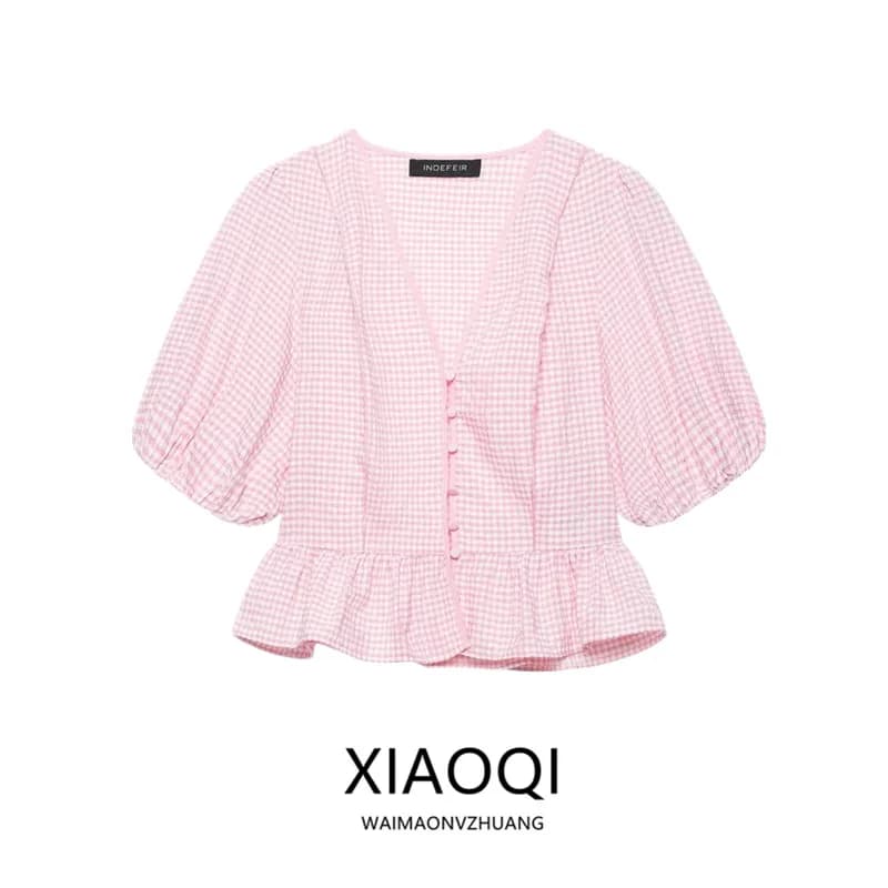 Summer 2026 New Women's Bubble Sleeve V-Neck Plaid Shirt Fashionable Design Commute Style Waist-Cinching Short Sleeve Blouse