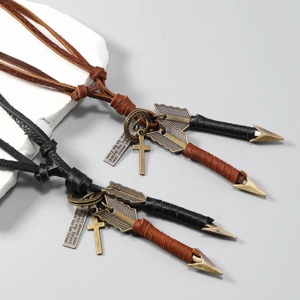 Punk Retro Simplicity Personality Creativity Adjustable Double arrows Leather Stainless steel Pendant necklace