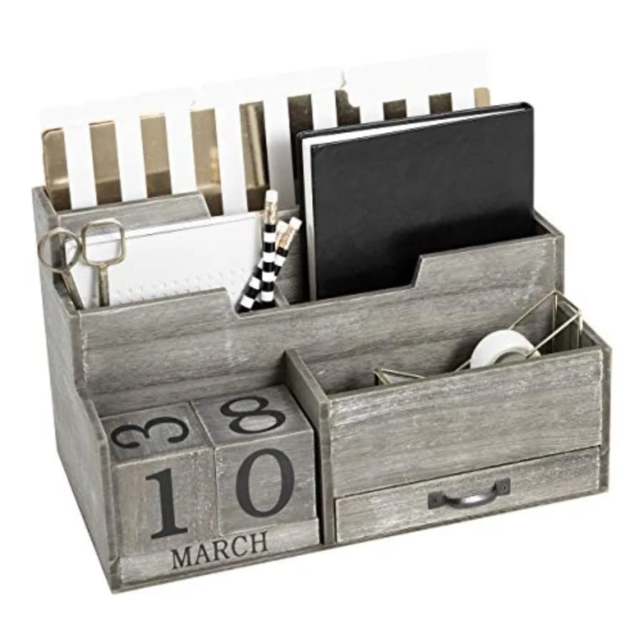 Organizzatore Postale in Legno Scuro con Calendario a Blocchi, Cassetto Portaoggetti a Due Livelli e Scomparto per Accessori, Organizer da Scrivania per Casa