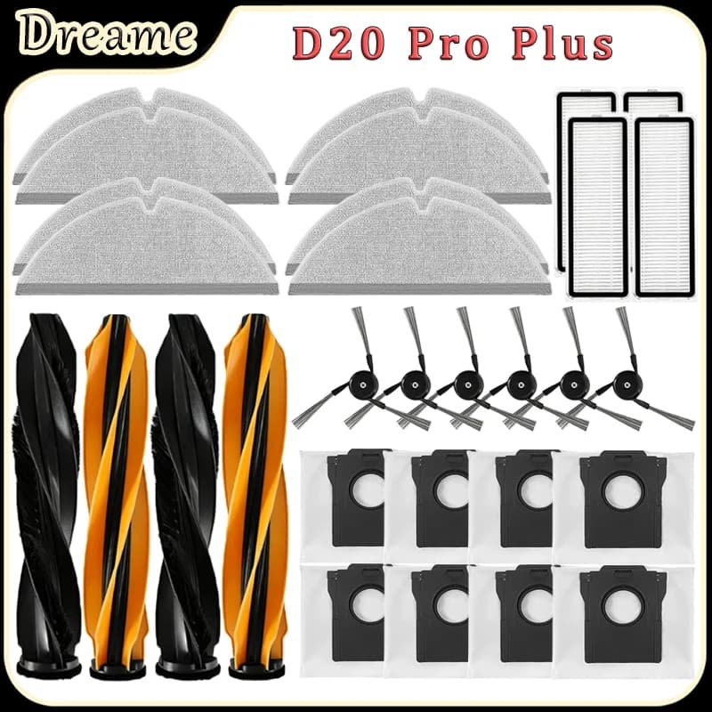 For Dreame D20 Pro Plus Robot Vacuum Accessories:Main Brush HEPA Filters Mop Pads Dust Bag Side Brush Replacement Parts