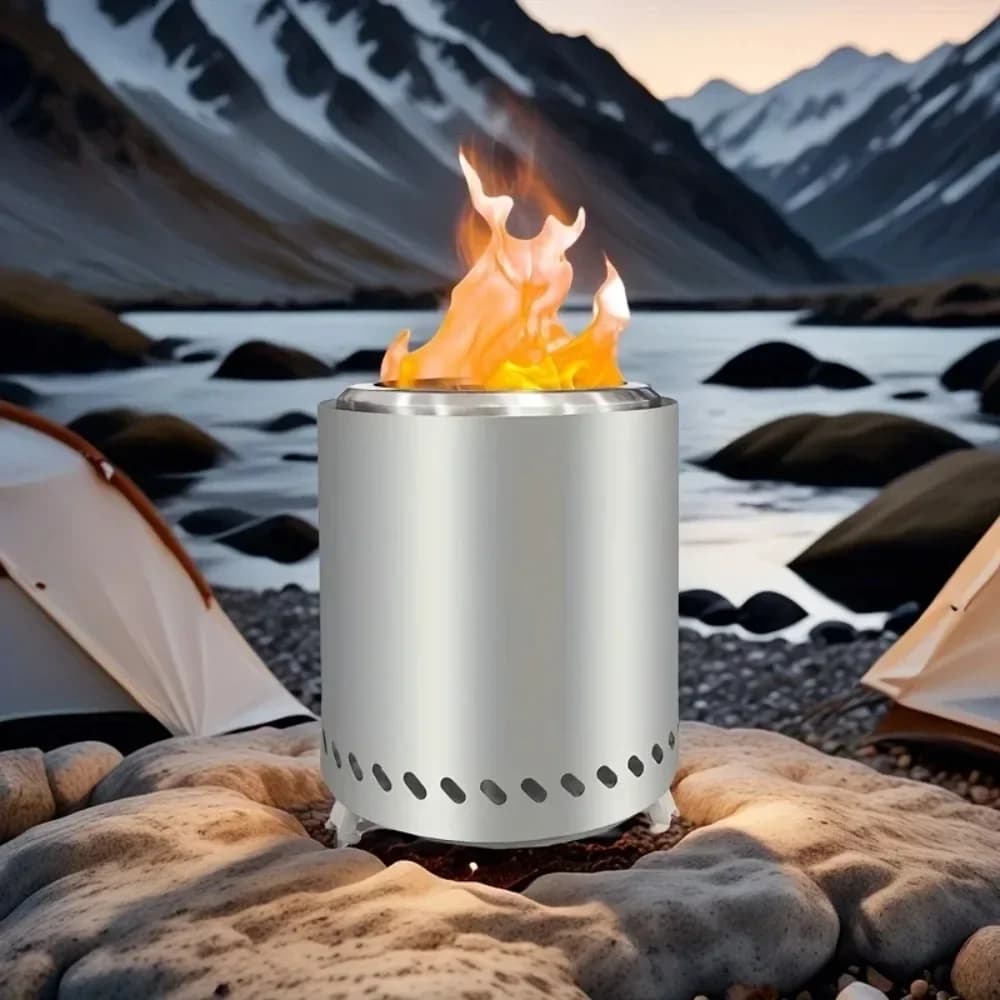Stufa Senza Fumo in Acciaio Inox Anticorrosione, Stufa a Legna da Campeggio Smontabile Cilindrica con Borsa Portaoggetti, Bruciatore BBQ per Interni