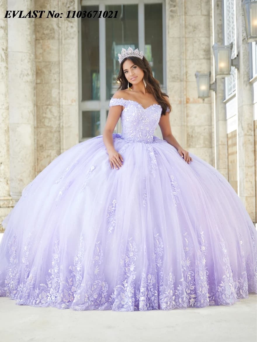 EVLAST Personalizzato Lavanda Abito Quinceanera Abito di Sfera Lucido Applique di Pizzo Beadig Arco Corsetto Dolce 16 Abiti De XV Anos SQ328