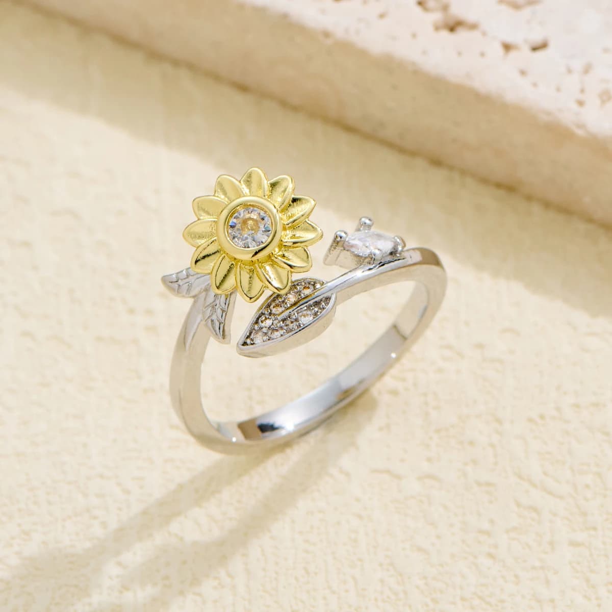 Girasole Margherita Fiore Anelli aperti da donna gioielli cristallo sollievo dall'ansia filatura antistress anello rotante fidget spinner