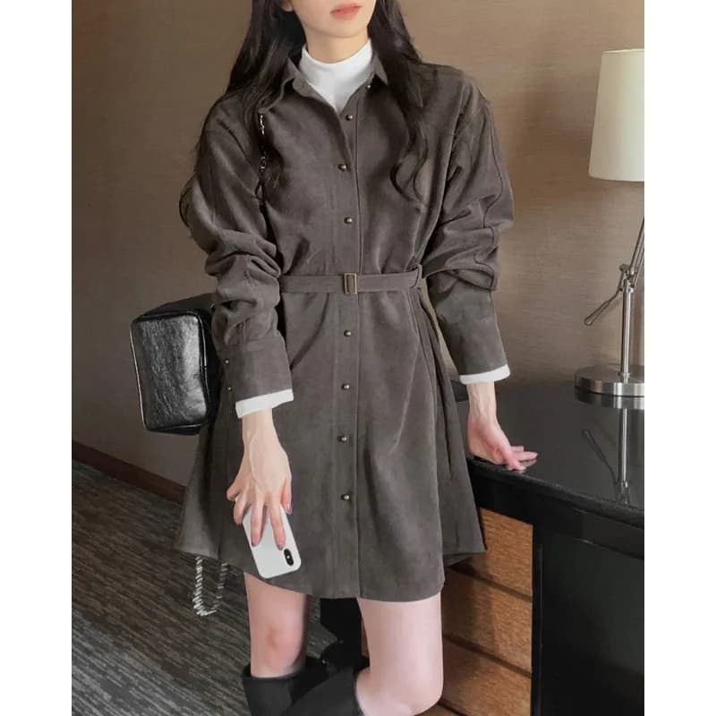 Korean Style Chic Winter Waist-Cinching Slimming Dress Women's Belt Included Long Sleeve Button Front H-Shape Umbrella Skirt