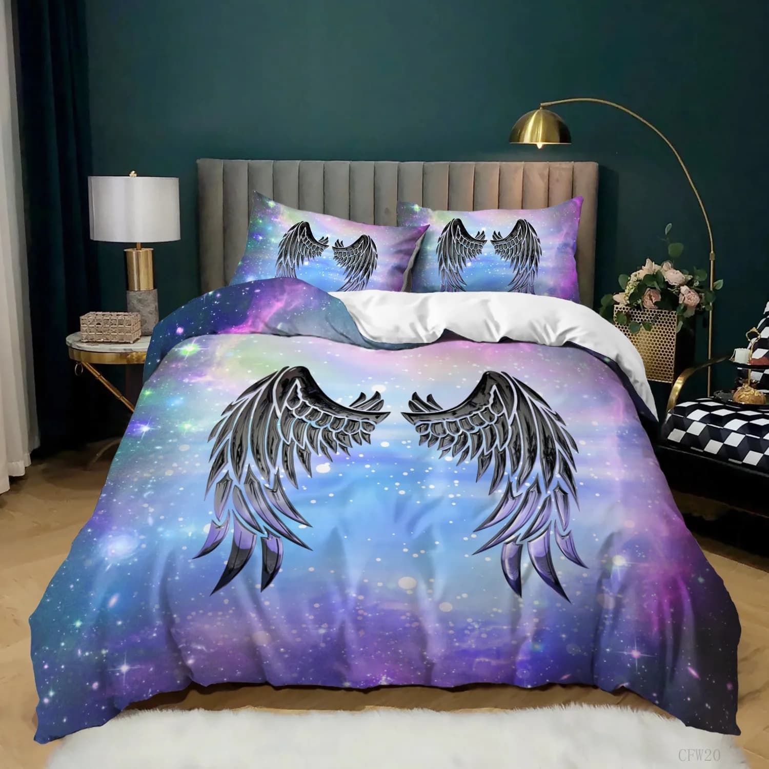 Set duvet with angel wings Black background Set duvet with 3D bright orange wing print Set king size queen polyester bedding