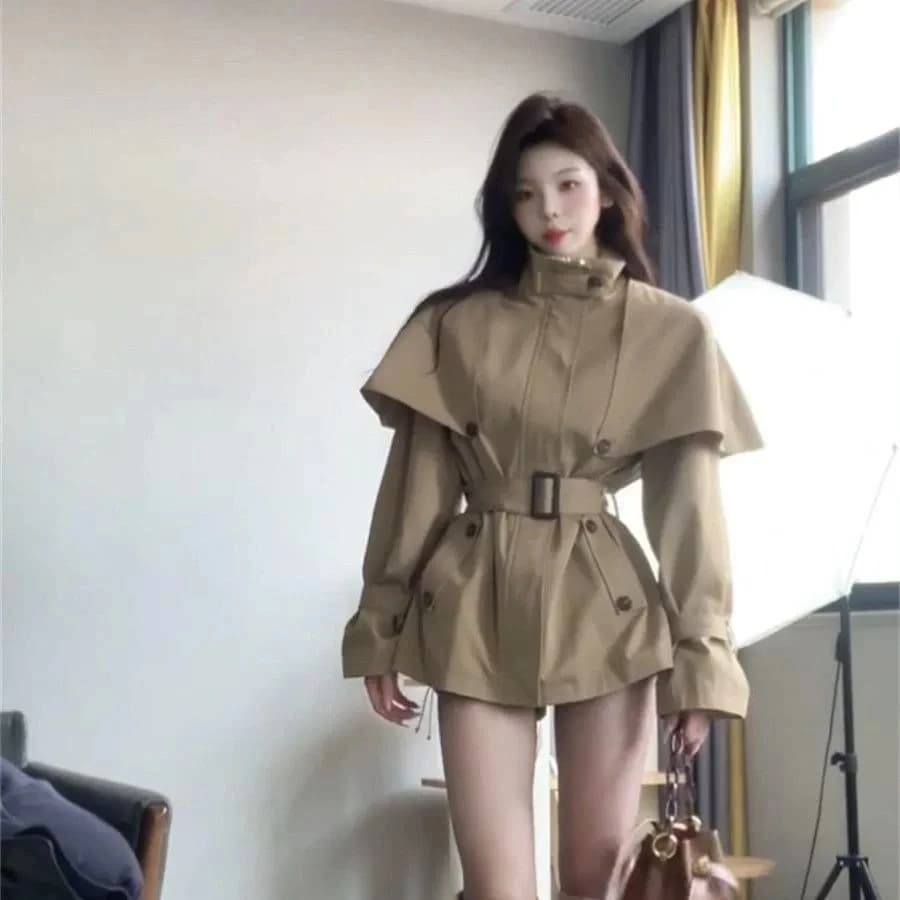 Women's Khaki Cape Trench Coat 2026 New Arrival Double Breasted Stand Collar Short Windbreaker Outerwear with Belt