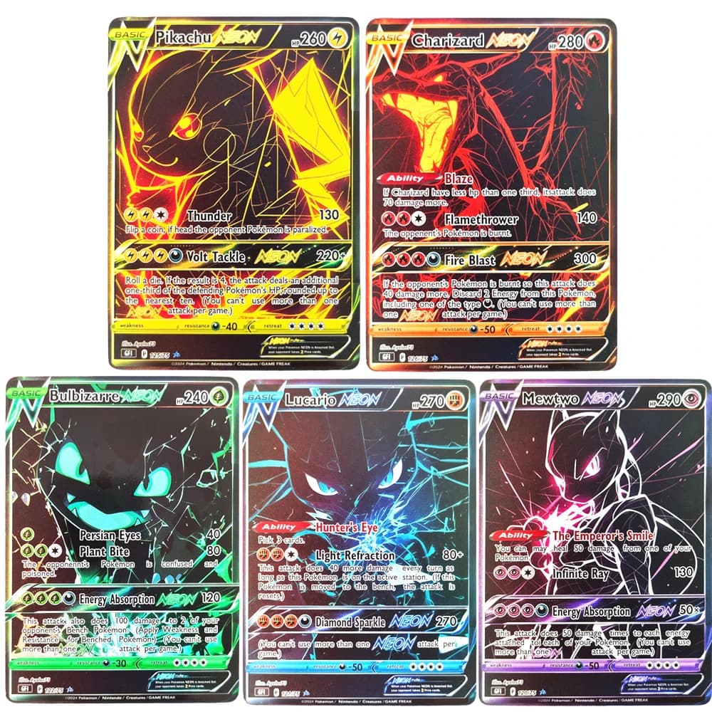 DIY Pokemon Card Future style Gengar Charizard Mewtwo Lucario Bulbizarre NEON PTCG Collection Game Card
