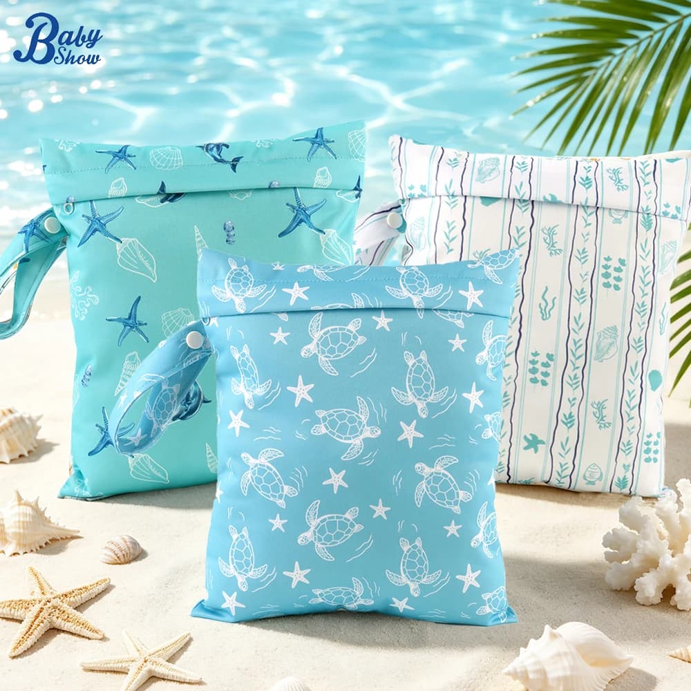 2pcs Reusable Cloth Diaper Bag Small Size Smooth Zipper Ocean Pattern Wet Bag Multi-Scenario Use Hanging Pocket for Travel