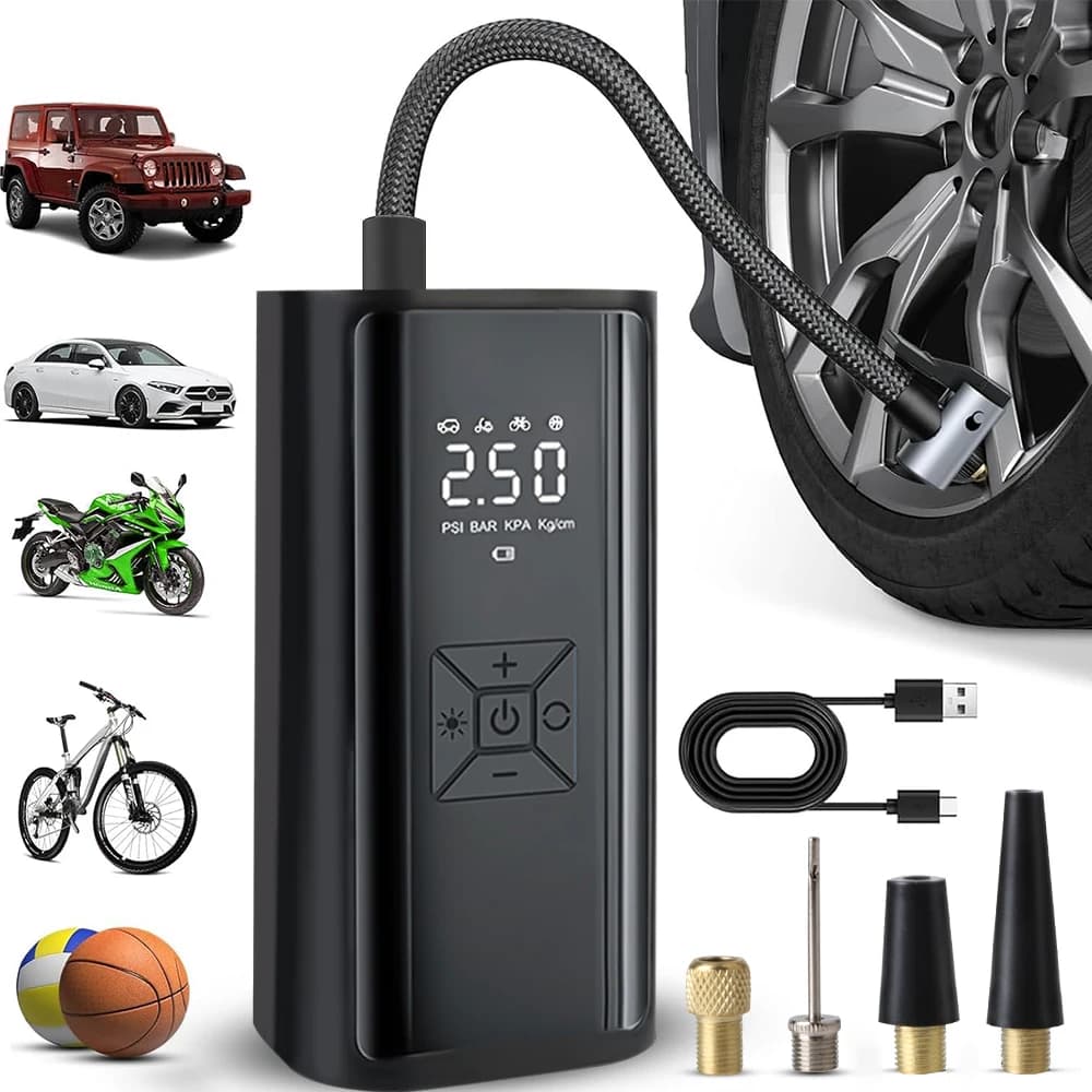 Compressore d'Aria Portatile per Pneumatici Auto con Luce LED, Display LCD Digitale, Manometro 150PSI, Pompa d'Aria Wireless 120W