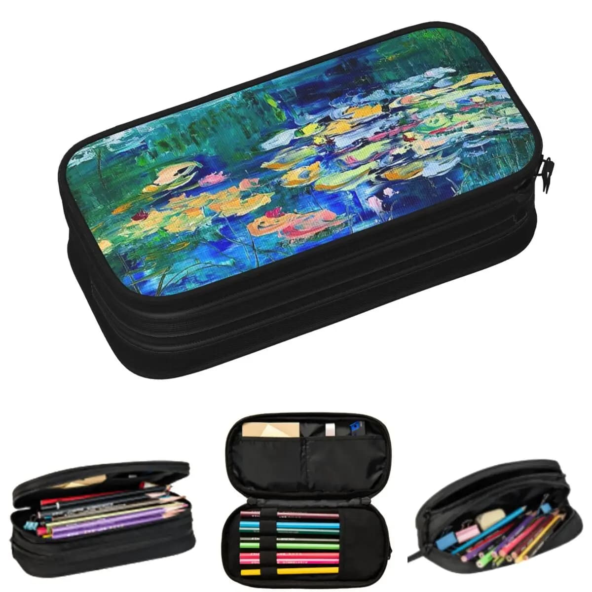 Astuccio per matite blu scuro con motivo Impressionist Water Lily, per regali per studenti, astuccio per penne, astuccio per matite di grande capacità