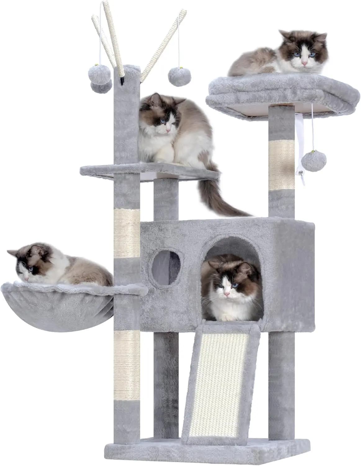 Torre per albero per gatti con tiragraffi, piattaforma, amaca, tavola e giocattoli in sisal, 41,3', grigio chiaro
