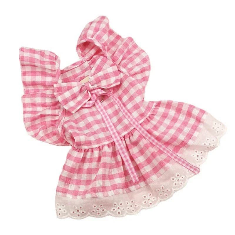 Summer pink yellow plaid dress for dogs skirt with small dog bow tie skirt for animals clothes dog puppy vest Chihua Yorkshire clothes