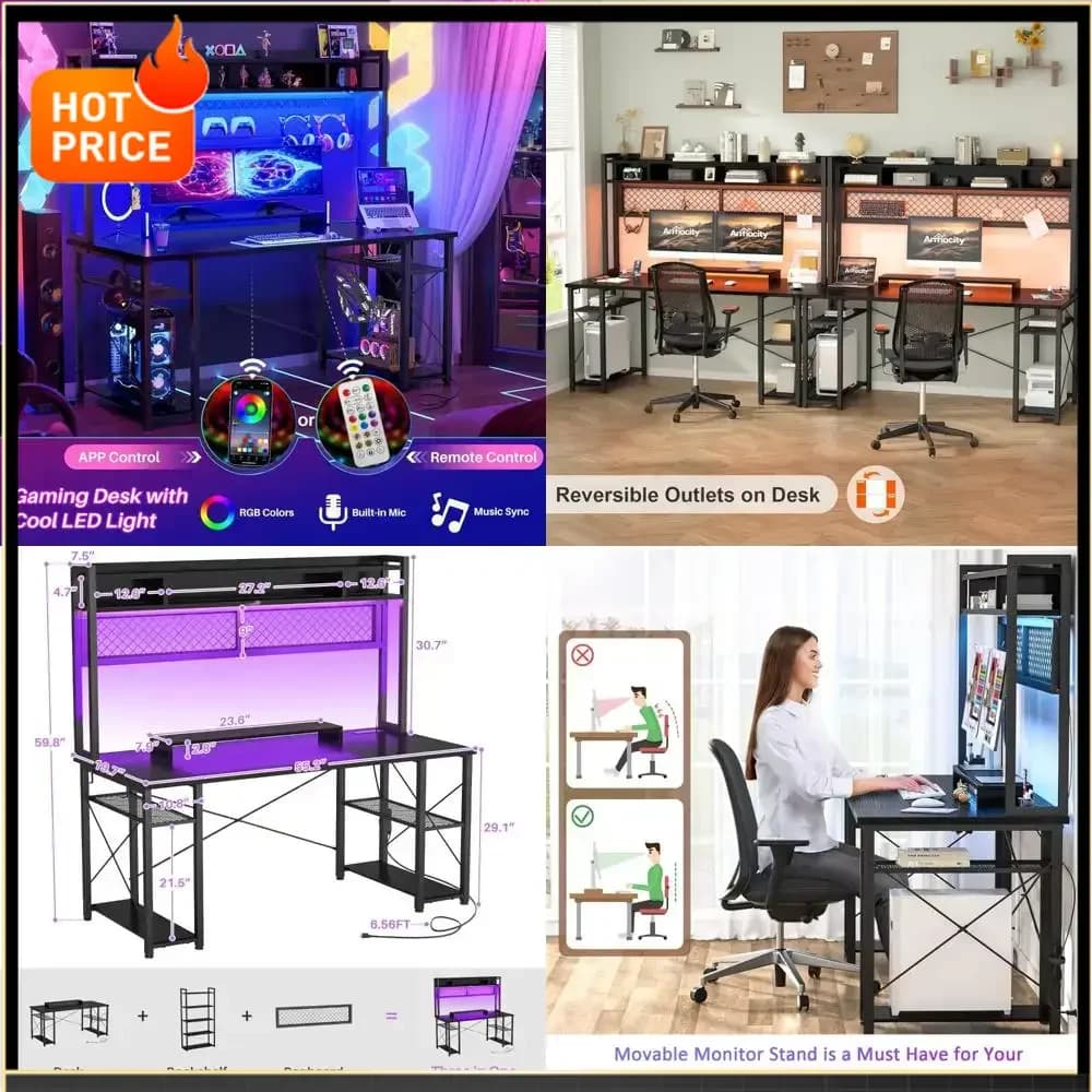 Scrivania da gaming migliorata 2024 con mobiletto, scrivania per computer illuminata a LED da 55,2 pollici con prese, scrivania workstation reversibile con p