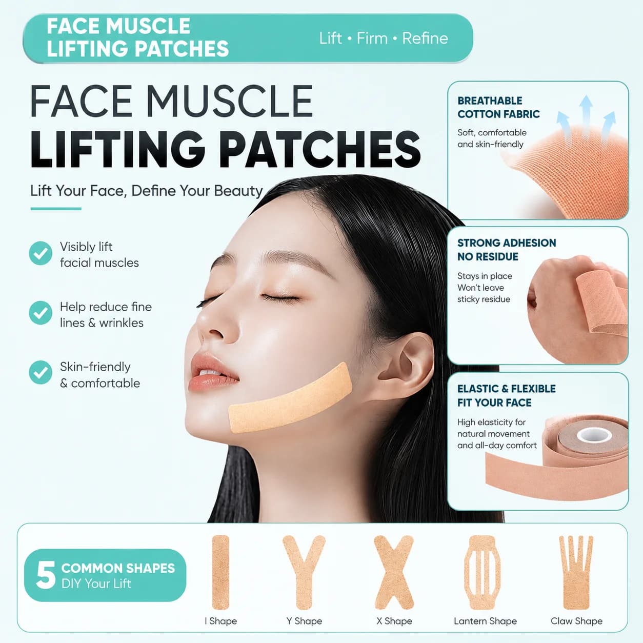 Facial Muscle Lifting Tape Anti-Wrinkle Face Lift Patch Elastic Kinesiology Tape for Jawline Firming Skin Tightening Beauty Care