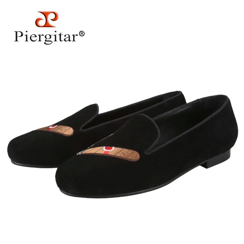 Piergitar Nuovo Stile Mocassini Slip-On in Camoscio Nero con Ricamo Personalizzato Sigari, Scarpe Mocassino da Uomo Fatte a Mano, Suola Rossa Identica a CL