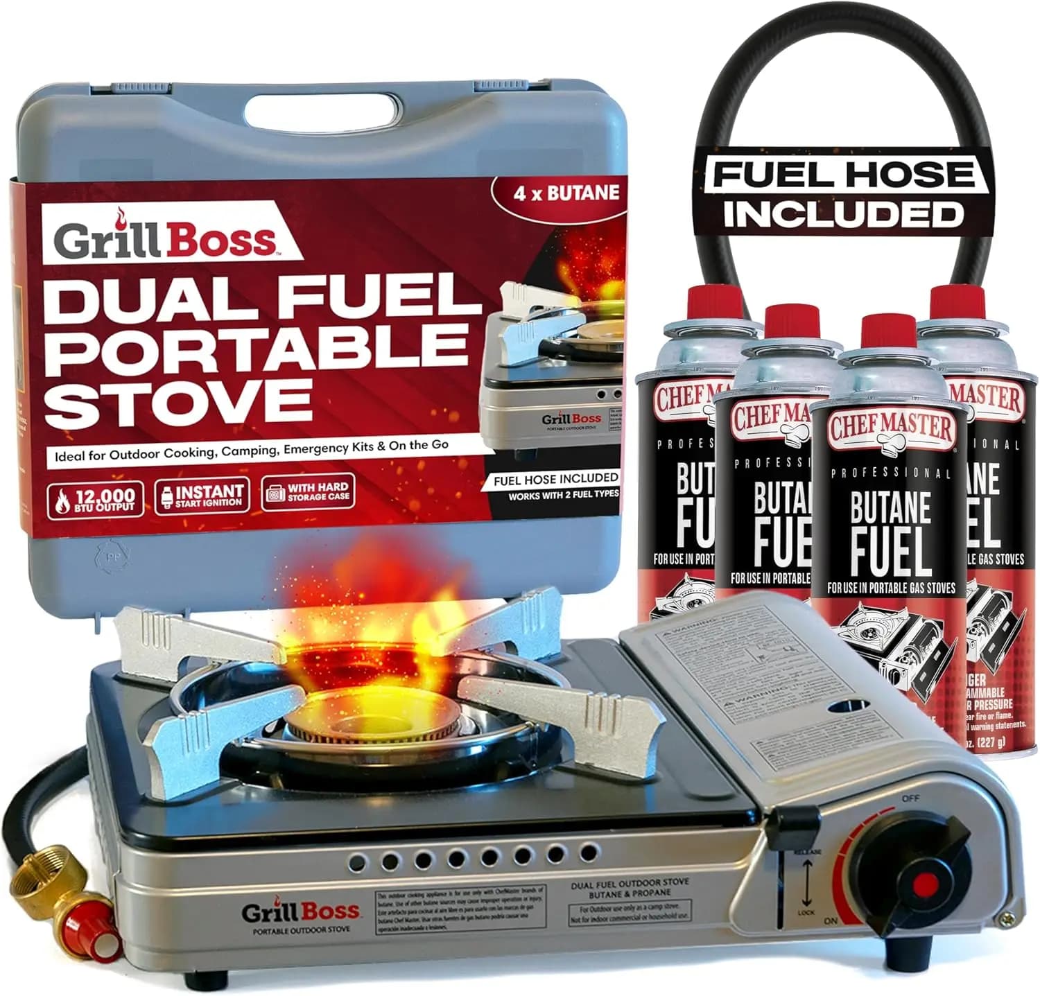 Camper's stove with 4 8oz Butano tanks - 12.000 BTU, Butano and Propano for Camping and Emergency