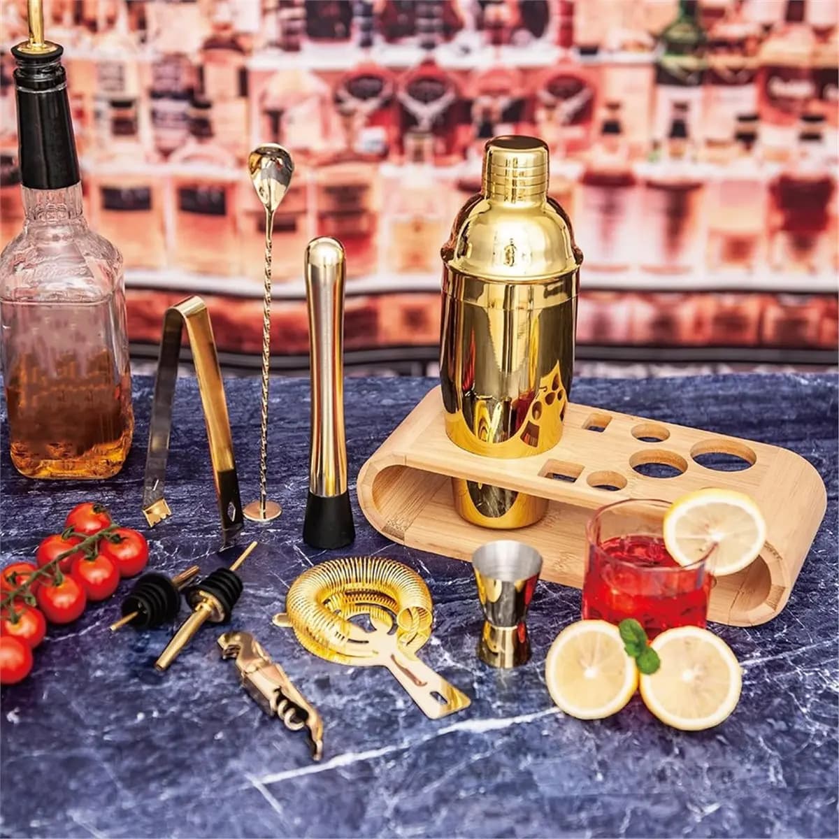 A1449K 10-Pcs Cocktail Shaker Set Gold, Set Stainless Steel Shakers Bartending KitBar Kits Bar Tool Sets SUMMER