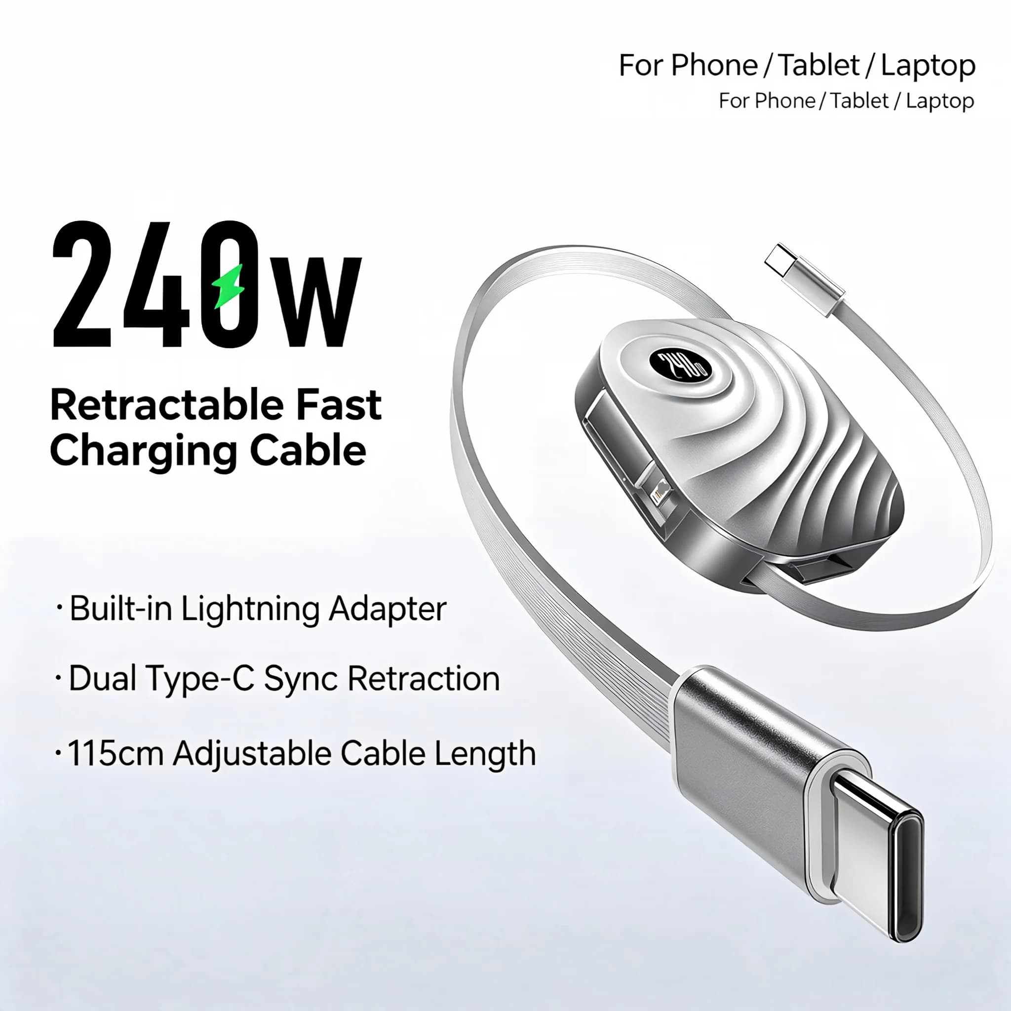 Portable Retractable PD 240W USB C Cable Fast Charging Wire retractable super fast charging data cable For iPhone iPad Samsung