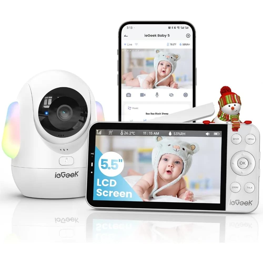 Baby monitor da 5,5", monitor audio con telecamera WiFi Ultra HD da 2,4 G e 5 Ghz da 2,5 K, luce notturna, copertura del viso e rilevamento della persona, conversazione bidirezionale, N